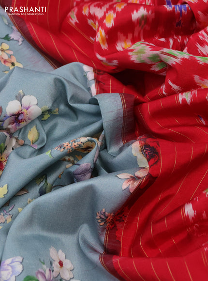 Pochampally silk saree pastel blue shade and red with allover floral digital prints and temple design annam zari woven border
