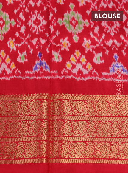 Pochampally silk saree pastel blue shade and red with allover floral digital prints and temple design annam zari woven border