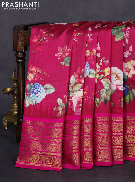 Pochampally silk saree pink with allover floral digital prints and temple design annam zari woven border