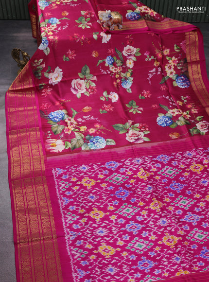 Pochampally silk saree pink with allover floral digital prints and temple design annam zari woven border