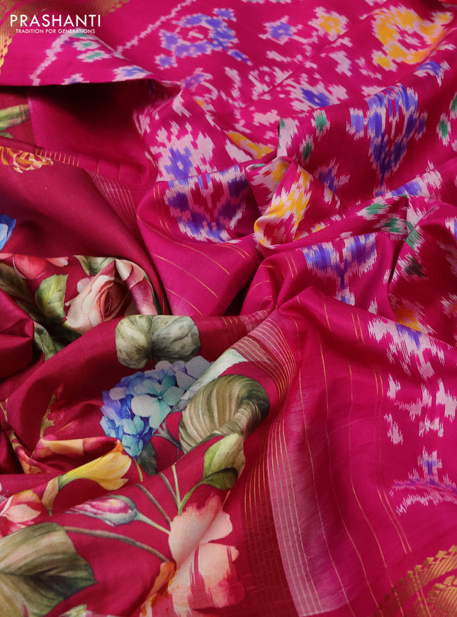 Pochampally silk saree pink with allover floral digital prints and temple design annam zari woven border