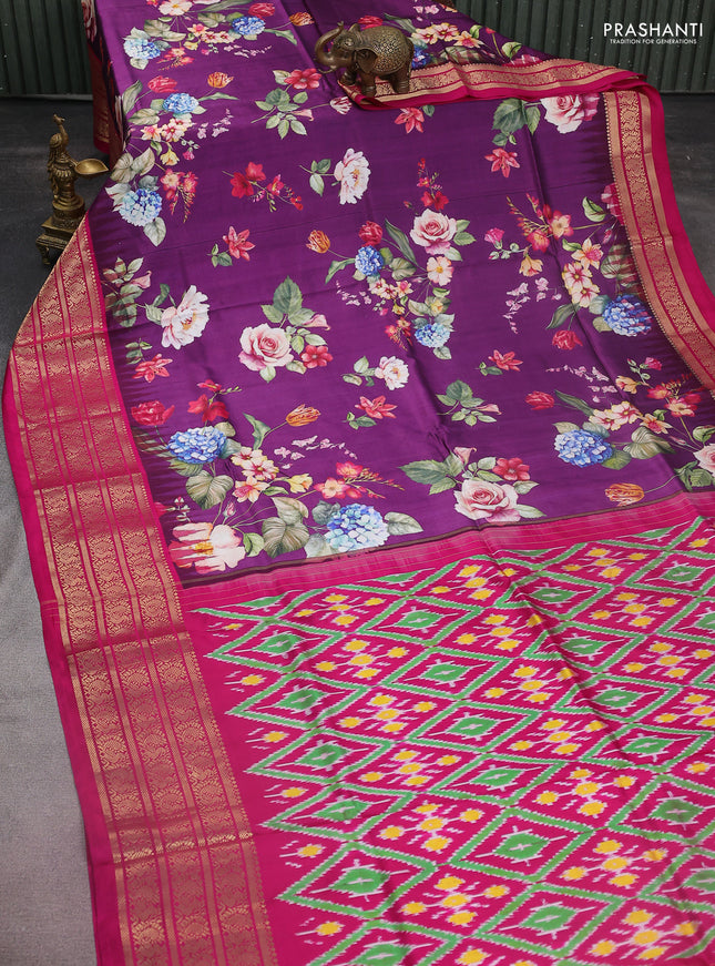 Pochampally silk saree purple and pink with allover floral digital prints and temple design annam zari woven border