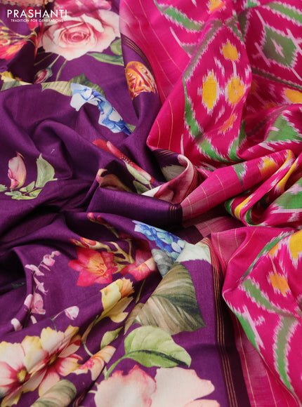 Pochampally silk saree purple and pink with allover floral digital prints and temple design annam zari woven border