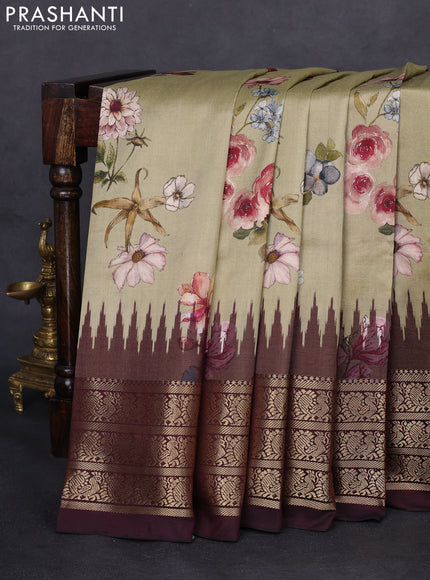 Pochampally silk saree elaichi green and wine shade with allover floral digital prints and temple design annam zari woven border