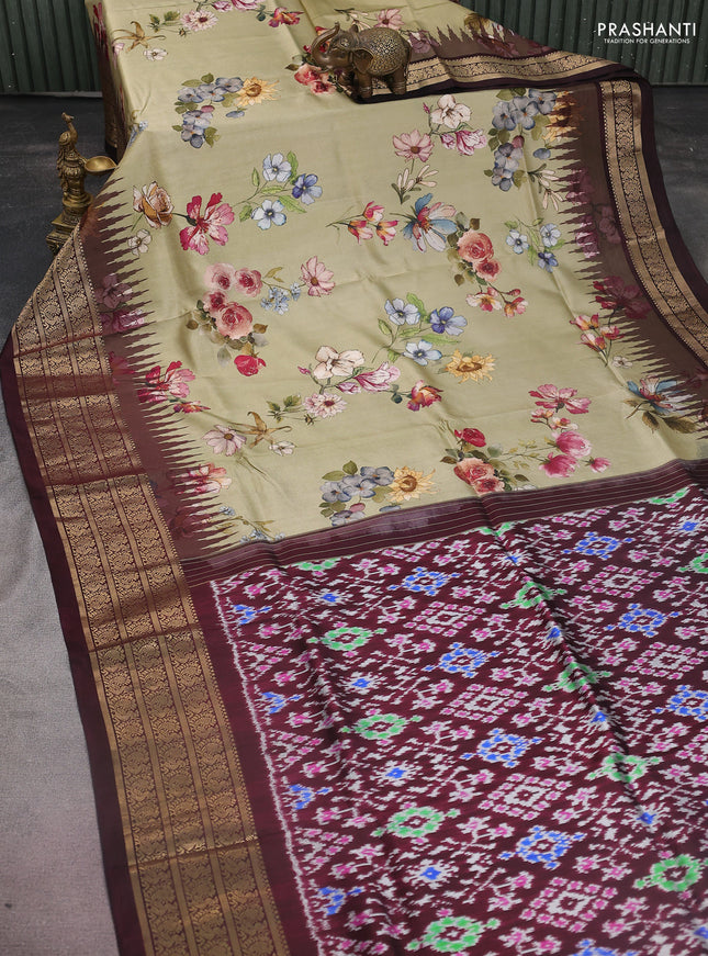 Pochampally silk saree elaichi green and wine shade with allover floral digital prints and temple design annam zari woven border