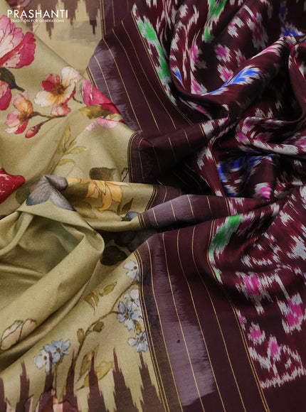 Pochampally silk saree elaichi green and wine shade with allover floral digital prints and temple design annam zari woven border