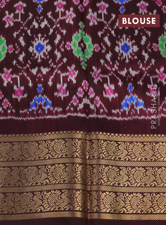 Pochampally silk saree elaichi green and wine shade with allover floral digital prints and temple design annam zari woven border