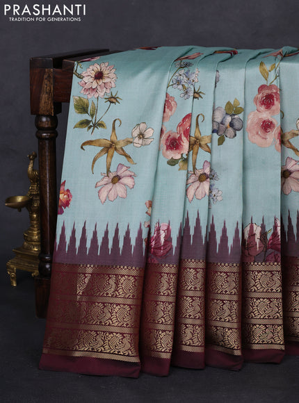 Pochampally silk saree teal blue and wine shade with allover floral digital prints and temple design annam zari woven border