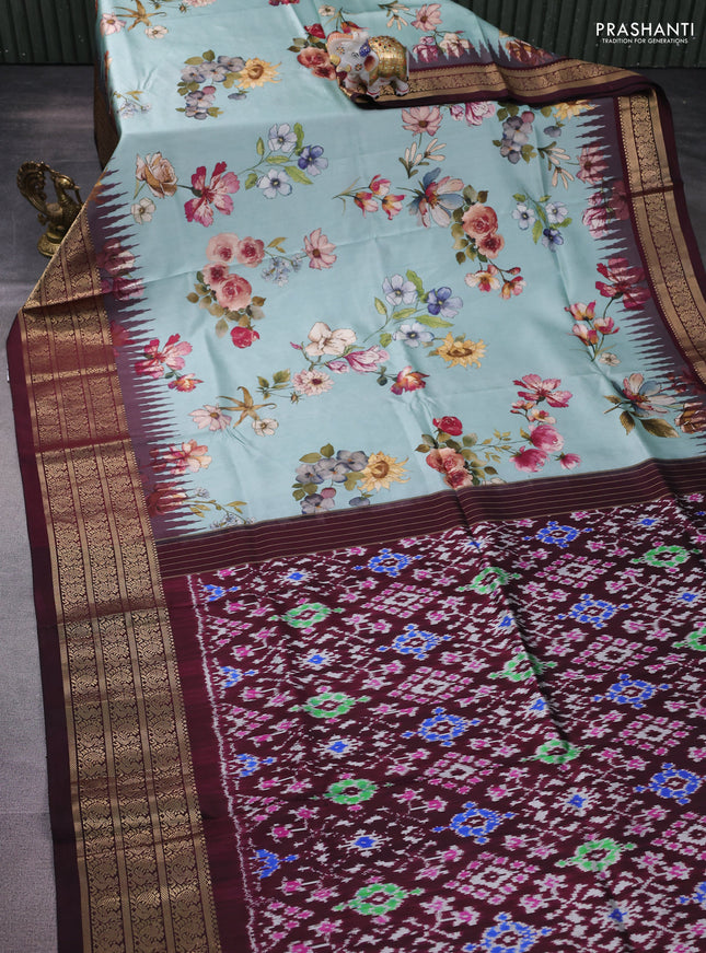 Pochampally silk saree teal blue and wine shade with allover floral digital prints and temple design annam zari woven border