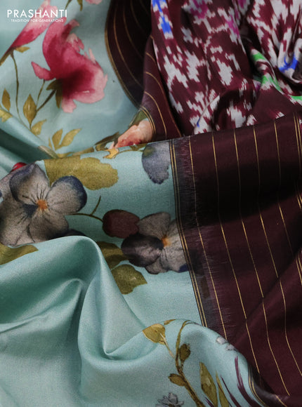 Pochampally silk saree teal blue and wine shade with allover floral digital prints and temple design annam zari woven border