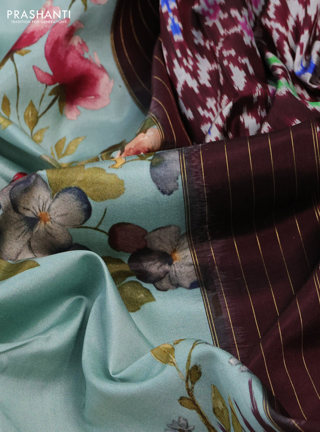 Pochampally silk saree teal blue and wine shade with allover floral digital prints and temple design annam zari woven border