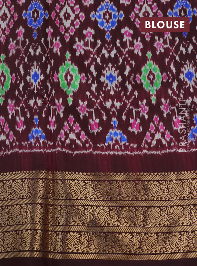 Pochampally silk saree teal blue and wine shade with allover floral digital prints and temple design annam zari woven border