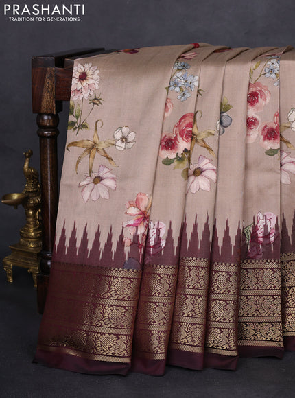 Pochampally silk saree sandal and deep maroon with allover floral digital prints and temple design annam zari woven border