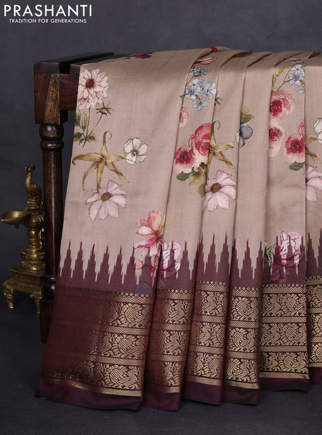 Pochampally silk saree sandal and deep maroon with allover floral digital prints and temple design annam zari woven border