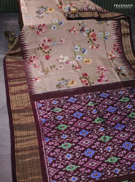 Pochampally silk saree sandal and deep maroon with allover floral digital prints and temple design annam zari woven border