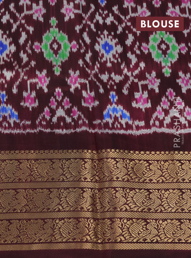 Pochampally silk saree sandal and deep maroon with allover floral digital prints and temple design annam zari woven border