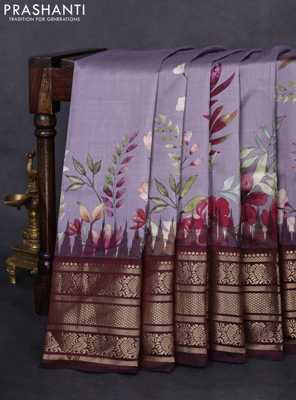 Pochampally silk saree grey and deep maroon with allover floral digital prints and temple design annam zari woven border