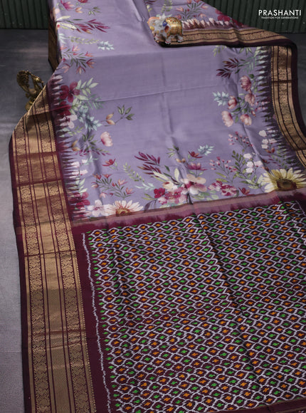 Pochampally silk saree grey and deep maroon with allover floral digital prints and temple design annam zari woven border