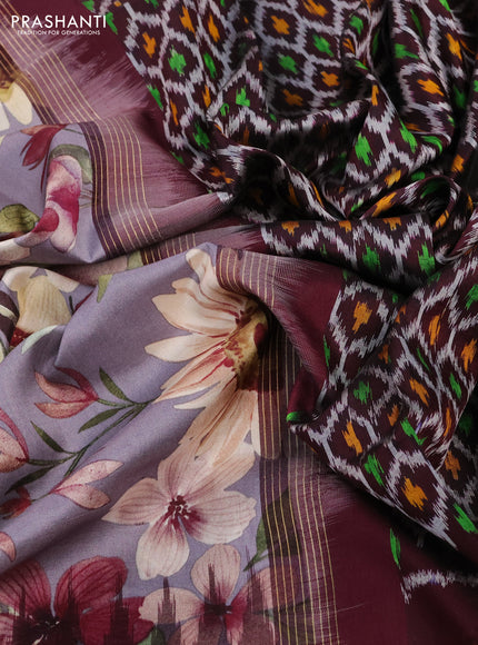 Pochampally silk saree grey and deep maroon with allover floral digital prints and temple design annam zari woven border