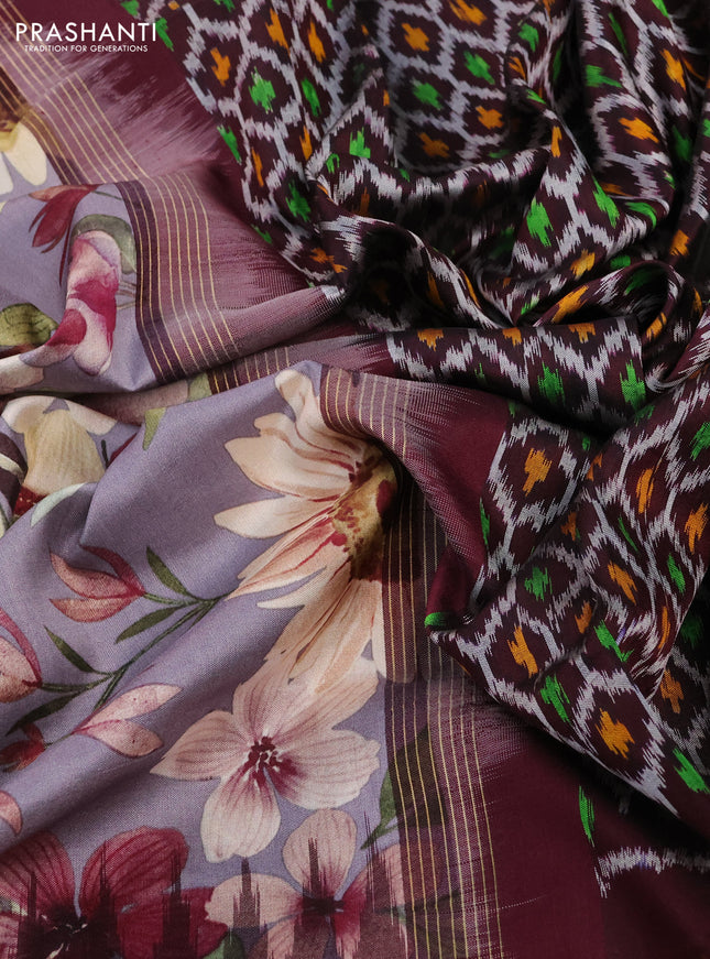 Pochampally silk saree grey and deep maroon with allover floral digital prints and temple design annam zari woven border