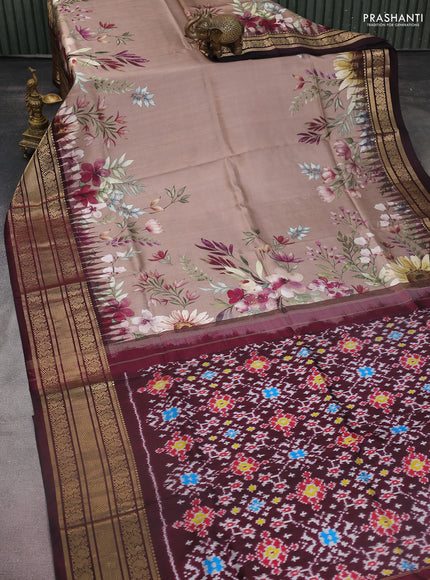 Pochampally silk saree pastel brown and wine shade with allover floral digital prints and temple design annam zari woven border
