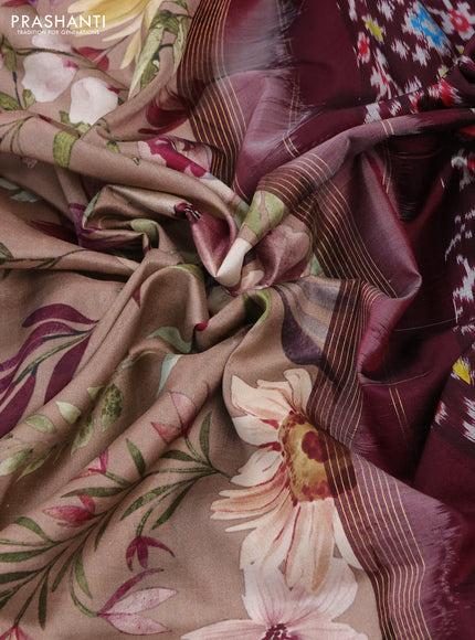 Pochampally silk saree pastel brown and wine shade with allover floral digital prints and temple design annam zari woven border