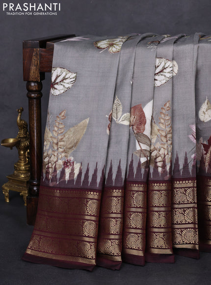 Pochampally silk saree grey and coffee brown with allover digital prints and temple design annam zari woven border
