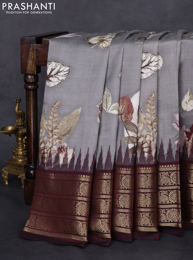 Pochampally silk saree grey and coffee brown with allover digital prints and temple design annam zari woven border