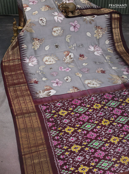 Pochampally silk saree grey and coffee brown with allover digital prints and temple design annam zari woven border