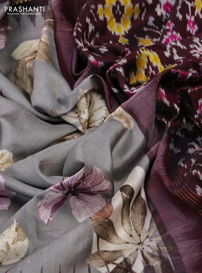 Pochampally silk saree grey and coffee brown with allover digital prints and temple design annam zari woven border