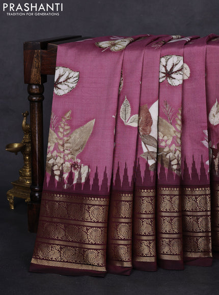 Pochampally silk saree mauve pink shade and deep maroon with allover floral digital prints and temple design annam zari woven border