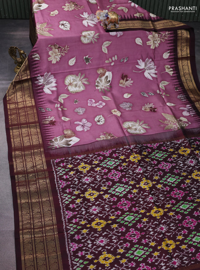 Pochampally silk saree mauve pink shade and deep maroon with allover floral digital prints and temple design annam zari woven border
