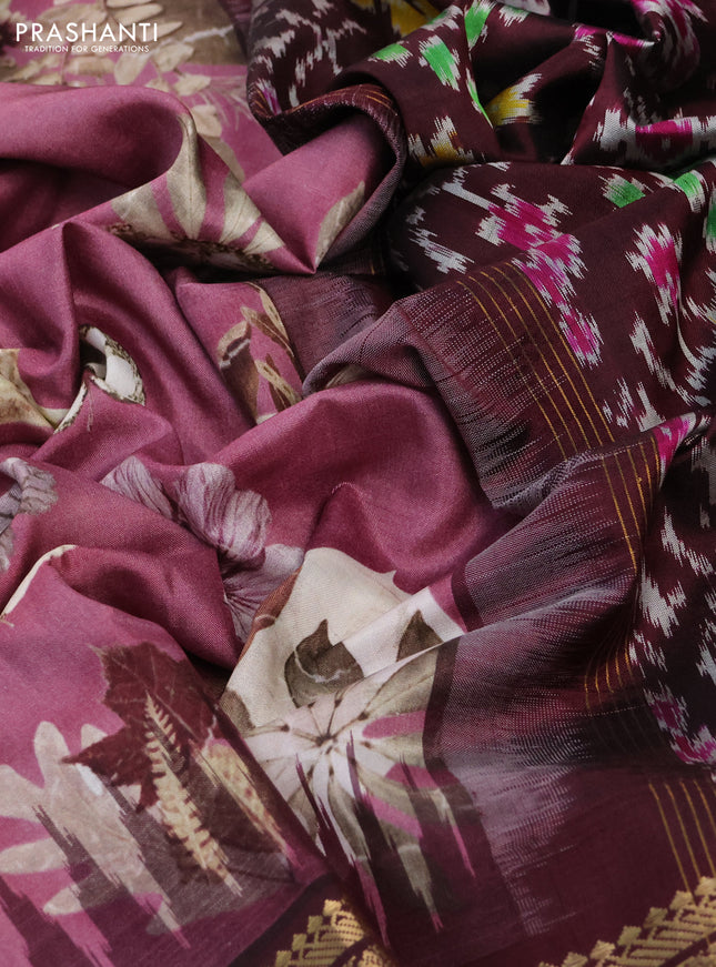 Pochampally silk saree mauve pink shade and deep maroon with allover floral digital prints and temple design annam zari woven border