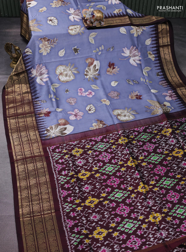 Pochampally silk saree bluish grey and wine shade with allover floral digital prints and temple design annam zari woven border