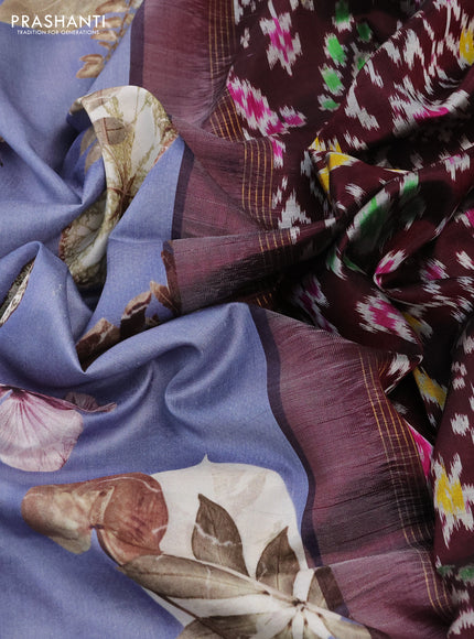 Pochampally silk saree bluish grey and wine shade with allover floral digital prints and temple design annam zari woven border