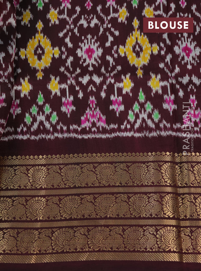 Pochampally silk saree bluish grey and wine shade with allover floral digital prints and temple design annam zari woven border