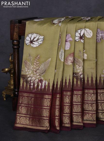 Pochampally silk saree elaichi green and wine shade with allover floral digital prints and temple design annam zari woven border