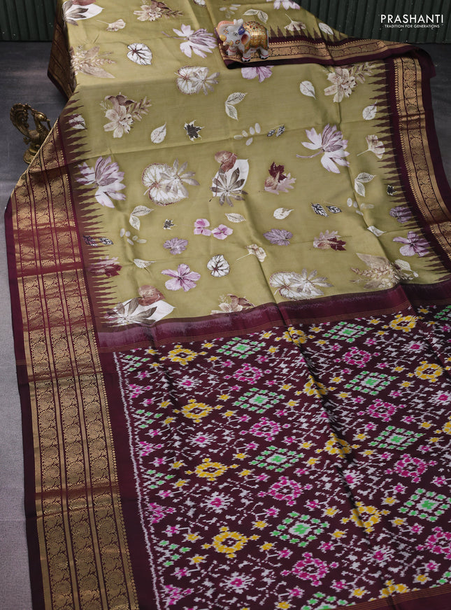 Pochampally silk saree elaichi green and wine shade with allover floral digital prints and temple design annam zari woven border
