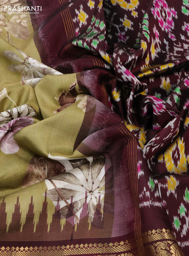 Pochampally silk saree elaichi green and wine shade with allover floral digital prints and temple design annam zari woven border