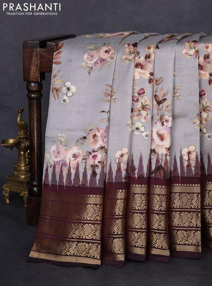 Pochampally silk saree grey and deep maroon with allover floral digital prints and temple design annam zari woven border