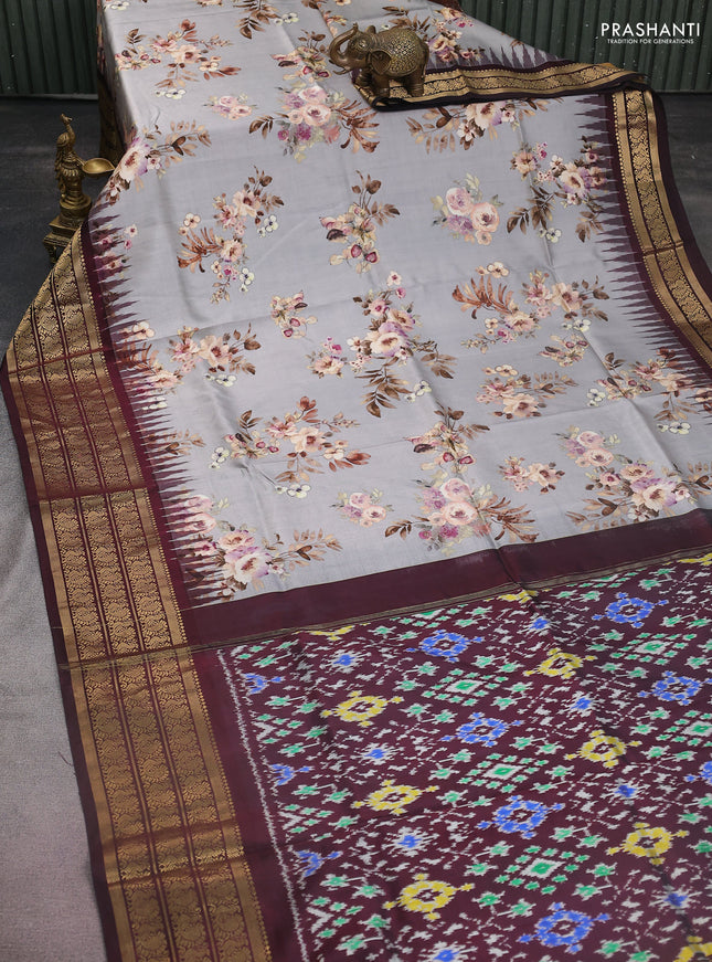 Pochampally silk saree grey and deep maroon with allover floral digital prints and temple design annam zari woven border