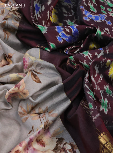 Pochampally silk saree grey and deep maroon with allover floral digital prints and temple design annam zari woven border