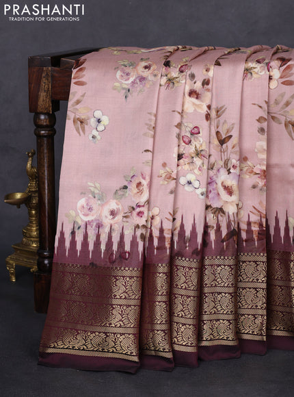 Pochampally silk saree pastel peach and wine shade with allover floral digital prints and temple design annam zari woven border