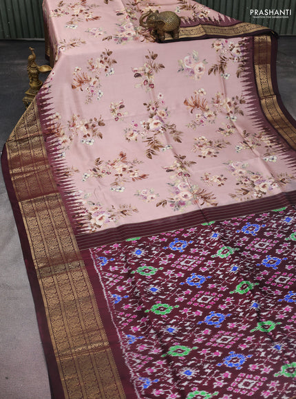 Pochampally silk saree pastel peach and wine shade with allover floral digital prints and temple design annam zari woven border