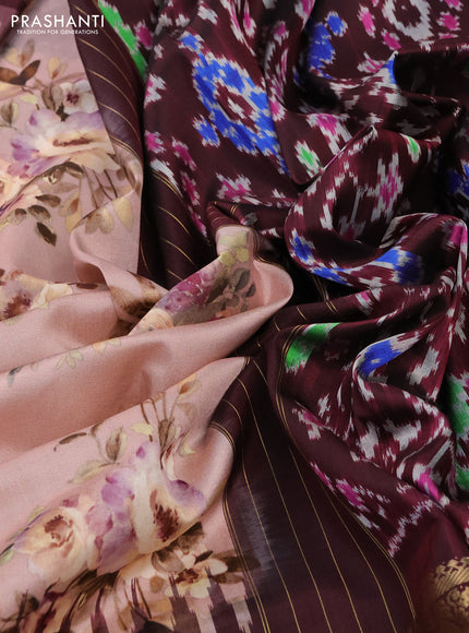 Pochampally silk saree pastel peach and wine shade with allover floral digital prints and temple design annam zari woven border