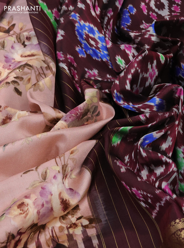 Pochampally silk saree pastel peach and wine shade with allover floral digital prints and temple design annam zari woven border