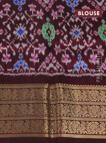 Pochampally silk saree pastel peach and wine shade with allover floral digital prints and temple design annam zari woven border