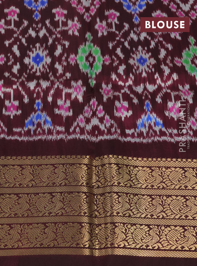 Pochampally silk saree pastel peach and wine shade with allover floral digital prints and temple design annam zari woven border