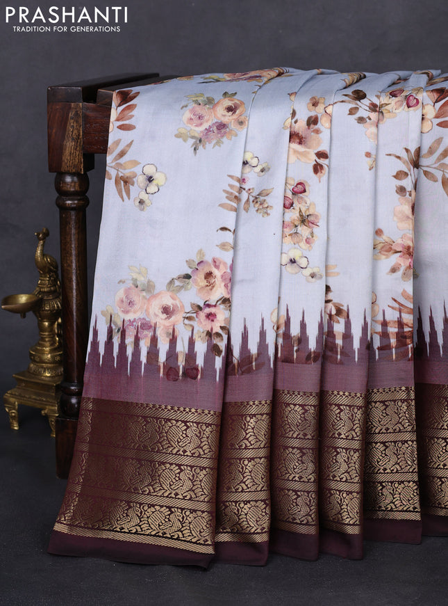 Pochampally silk saree pastel grey and deep maroon with allover floral digital prints and temple design annam zari woven border