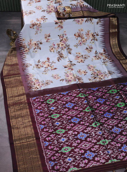 Pochampally silk saree pastel grey and deep maroon with allover floral digital prints and temple design annam zari woven border